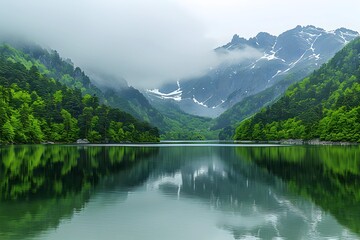 Tranquil mountain lake with misty peaks and lush green forests reflecting in calm waters. Pristine wilderness and serenity concept for design and print