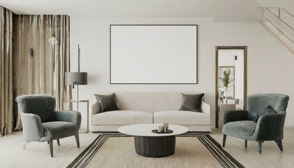 modern living room with sofa, Mockup poster frame on the wall of living room. Luxurious apartment background with contemporary design. Modern interior design illustration