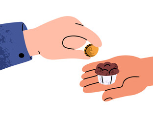 Trade concept. Baker selling bakery, cupcake for cash. Customer buying sweet muffin, food, paying, spending money on dessert. Small business. Flat vector illustration isolated on white background