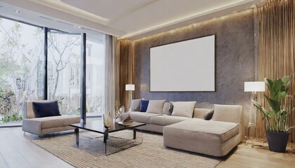 Naklejka na ściany i meble modern living room with sofa, Mockup poster frame on the wall of living room. Luxurious apartment background with contemporary design. Modern interior design illustration