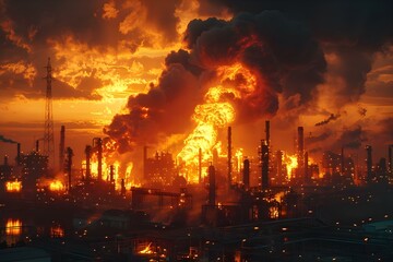Fototapeta na wymiar Refinery Blaze: A Stark Contrast of Industry and Inferno. Concept Industrial Firefighters, Emergency Response, Hazardous Materials Management