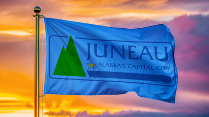 Juneau Alaska Waving Flag Against a Cloudy Sky at Sunset. - obrazy, fototapety, plakaty