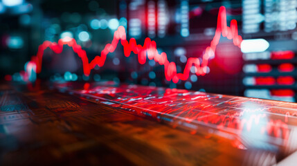 Red stock market graph overlay on a trading desk, indicating financial data, market analysis, investment risk, and economic downturn. - obrazy, fototapety, plakaty