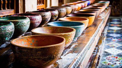 A row of colorful, ornate ceramic bowls displayed on a decorative sunny mosaic table, showcasing traditional craft and design.