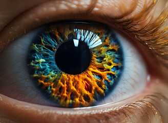 Extreme Close-Up of Partial Iris Heterochromia with Radiating Colors - Generated by AI.