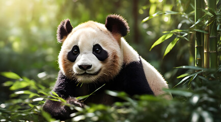 A Cute Panda Chewing Bamboo in a Sunlit Bamboo Grove - Generated by AI.