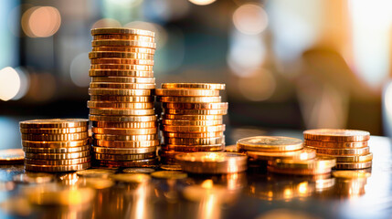 Stacks of coins on a table, representing financial growth, savings, investment, or wealth, with a blurred background. - obrazy, fototapety, plakaty