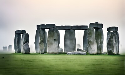 Enigmatic stonehenge-like ancient monument standing in a misty field, shrouded in myth and legend, blurred background