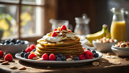 Morning Delight: Flourless Banana Pancakes with Honey and Almonds, Bathed in Soft Sunlight - Generated by AI.