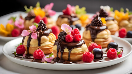 Choux Pastry with Fruit and Chocolate Ganache on a Porcelain Platter - Generated by AI.