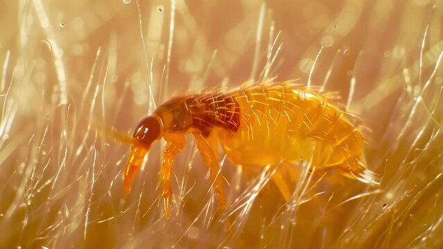 A highly magnified view of a flea larva crawling through fur and hair of a mammal host spreading infectious diseases such as plague. . AI generation.