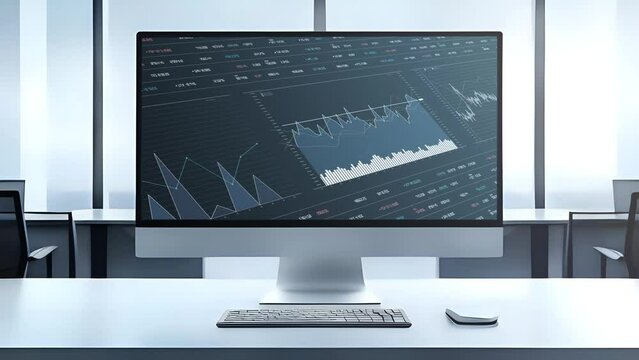 Data report analysis on computer monitor in modern business office