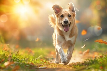 funny puppy dog red Corgi fun runs on green meadow sticking out language and raising paws. Beautiful simple AI generated image in 4K, unique. - obrazy, fototapety, plakaty