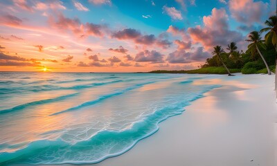 Tranquil beach scene with powdery white sand, crystal-clear turquoise waters, and a colorful sunset...