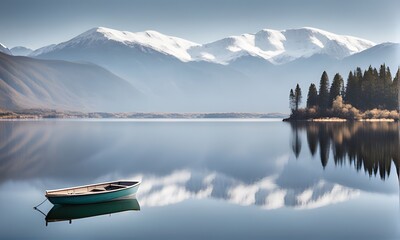Tranquil lake scene reflecting snow-capped mountains in the distance, with a lone boat drifting on the calm waters - Powered by Adobe