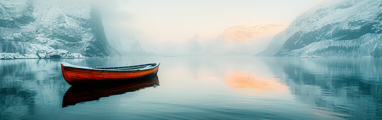 A serene winter scene featuring a solitary red canoe on a calm, misty lake surrounded by snow-covered mountains at sunrise.