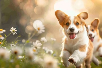 Happy Welsh Corgi puppy runs through the autumn grass and foliage in the park at sunset. Beautiful simple AI generated image in 4K, unique. - obrazy, fototapety, plakaty