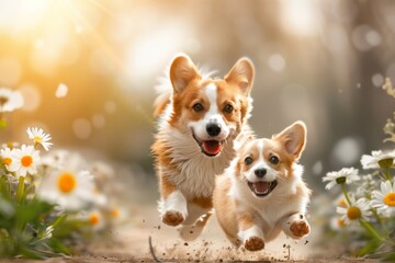 funny puppy dog red Corgi fun runs on green meadow sticking out language and raising paws. Beautiful simple AI generated image in 4K, unique.