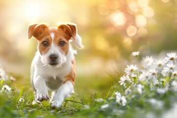 Cute smiling Pembroke Welsh Corgi puppy running in a summer sunny meadow surrounded by pink and yellow daisies. Beautiful simple AI generated image in 4K, unique.