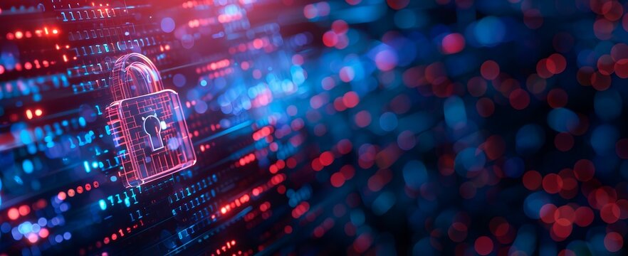 data security concept with a padlock icon on a digital background. Bigfoot silhouettes and a binary code pattern with  neon light. Digital web technology, online protection. security business