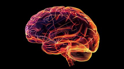 3D x-ray illustration of human brain from side view. The brain in glow color. Medical reference picture