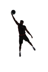 Slam dunk. Silhouette of basketball player in motion during game throwing ball in a jump isolated on white background. Silhouette. Concept of professional sport, competition, game, tournament, action