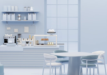 3D render modern white and blue style cafe counter with big window, with espresso coffee making machine, stack of eco friendly paper cup. Morning sunlight, Bistro, Business, Space, Blank