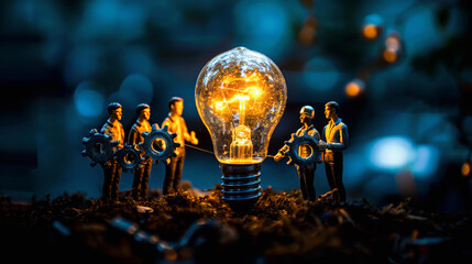 Miniature figures positioned as workers repairing a glowing light bulb on a dark background, symbolizing teamwork and innovation. - obrazy, fototapety, plakaty