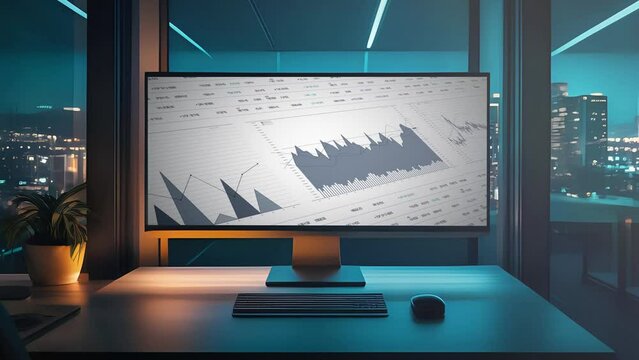 Data report analysis on computer monitor in modern business office