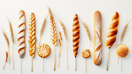 Assortment of freshly baked bread loaves and wheat sheaves displayed on a light background, showcasing variety in baking artistry. - obrazy, fototapety, plakaty