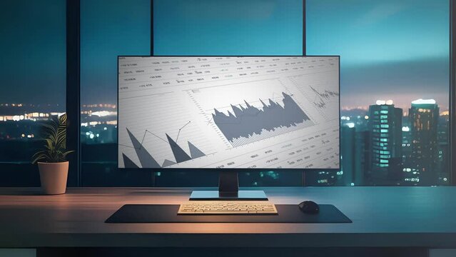 Data report analysis on computer monitor in modern business office