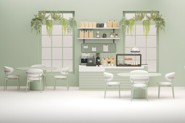 3D render modern white and green style cafe counter with big window, with espresso coffee making machine, stack of eco friendly paper cup. Morning sunlight, Bistro, Business, Space, Blank
