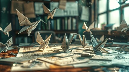 A dynamic 3D render of a battle between origami warriors and paper clip soldiers on a students desk