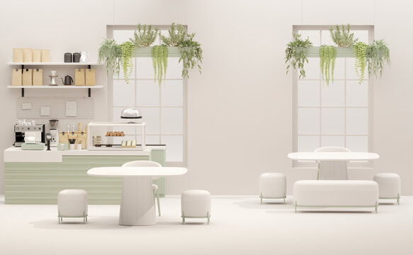 3D render modern white and green style cafe counter with big window, with espresso coffee making machine, stack of eco friendly paper cup. Morning sunlight, Bistro, Business, Space, Blank

