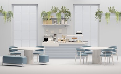 3D render modern white and blue style cafe counter with big window, with espresso coffee making machine, stack of eco friendly paper cup. Morning sunlight, Bistro, Business, Space, Blank
