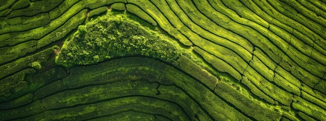 Green tea plantation from aerial view, - obrazy, fototapety, plakaty