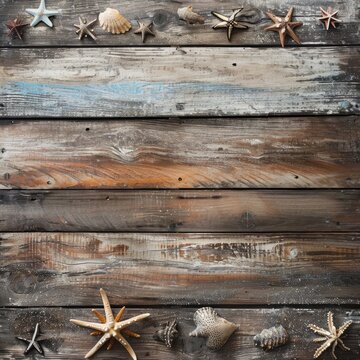 rustic wooden background with a Beach theme. Summer seashells frame.