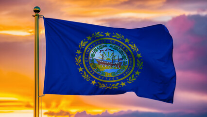 New Hampshire Waving Flag Against a Cloudy Sky at Sunset.