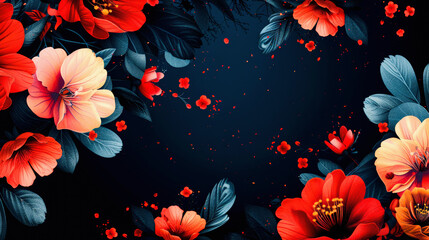 An artistic floral background featuring vibrant red and pink flowers with dark leaves on a deep blue, almost black, backdrop.