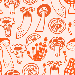 Mushroom seamless pattern in hand drawn outline style. Cute doodle vector print with boletus, enoki, toadstool and others. Big collection of edible and non-edible mushrooms. - obrazy, fototapety, plakaty