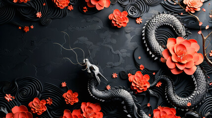 A stylized black dragon entwined with vibrant red flowers on a dark background, showcasing a striking contrast and artistic design.