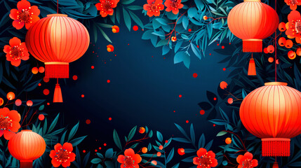 Elegant Chinese New Year background with red lanterns, floral patterns, and leaves on a dark background, festive and traditional.
