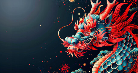 A vibrantly colored illustration of a mythical Chinese dragon with intricate details, set against a dark background with floral patterns. - obrazy, fototapety, plakaty
