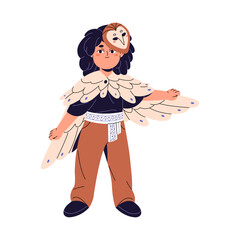 Cute kid in owl costume in Halloween masquerade. Funny child wearing traditional suit of american indian. Little girl dressed in owlet with wings, mask. Flat isolated vector illustration on white