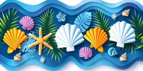 Fototapeta na wymiar A blue and white background with a wave and a bunch of shells and sea creatures. The shells are in various sizes and colors, and the sea creatures are scattered throughout the scene