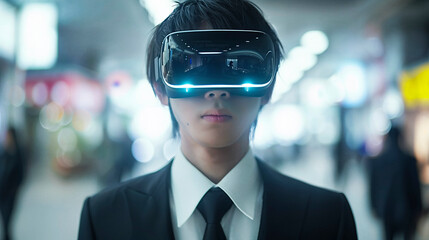 Businessman with VR headset, futuristic technology concept.