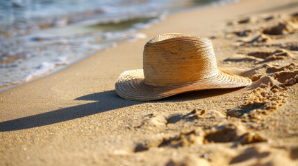 Fototapeta na wymiar A straw hat is laying on the sand at the beach. The hat is partially covered by the shadow of the hat