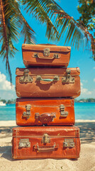 Four suitcases stacked on top of each other on a beach. The suitcases are brown and appear to be old. The beach is calm and peaceful, with the ocean in the background