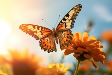 Obraz premium A butterfly is flying on a flower. 