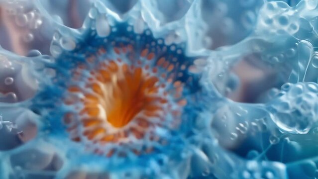 A microscopic image of a single spore revealing intricate details of its outer surface and inner core resembling a work of art. . AI generation.